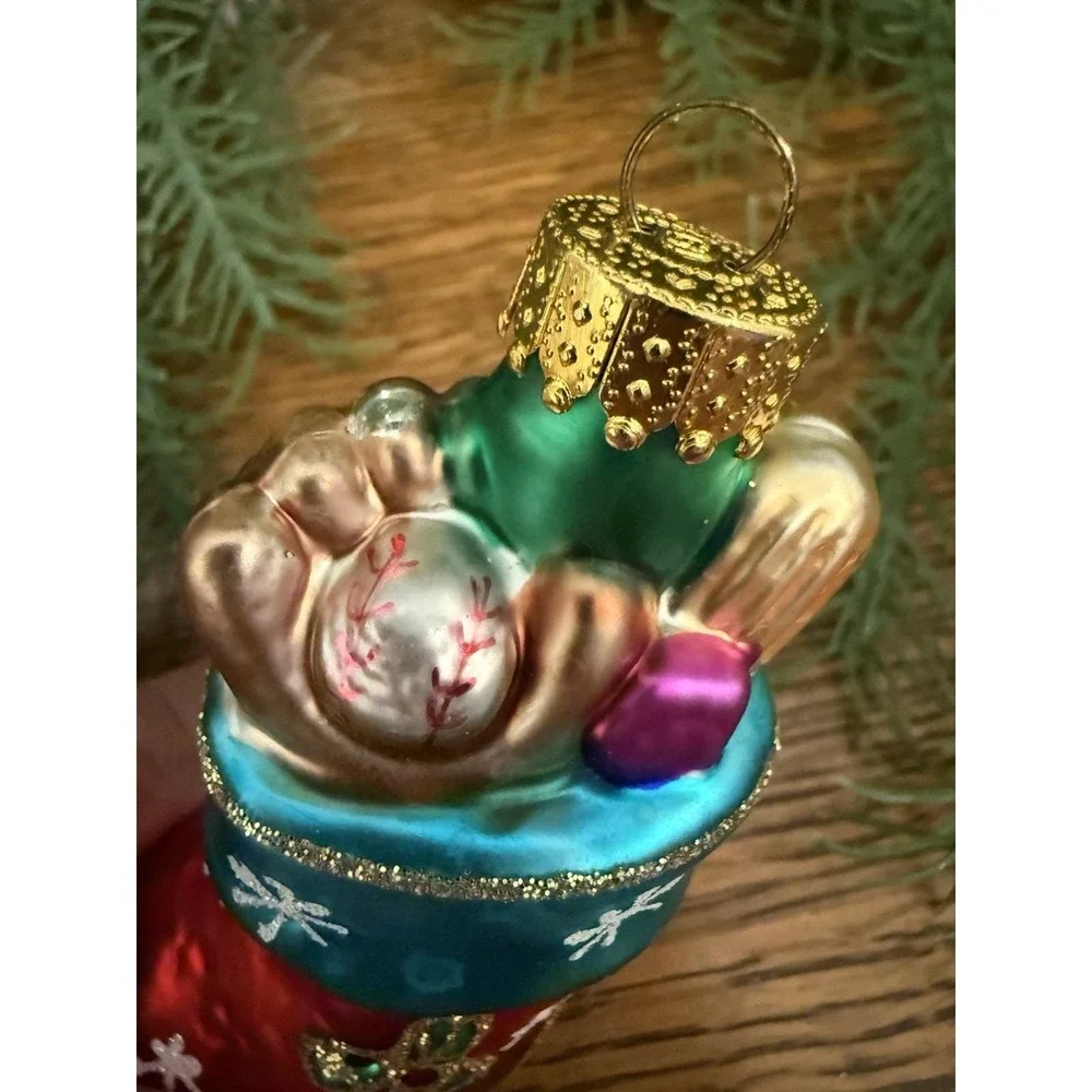 UFG Ursa Fine Glass Stocking Ornament Poland Hand-Blown Red Blue‎ Gold 4.75″
